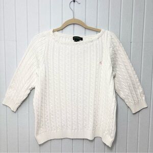 Lauren Ralph Lauren White Cable Knit Cotton Sweater 1X Pink Logo 3/4 Sleeve